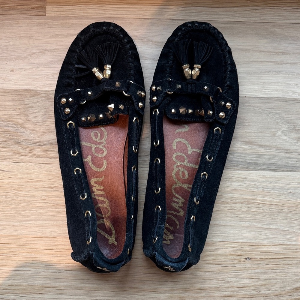 Sam Edelman Black Moccasins with Gold Accents